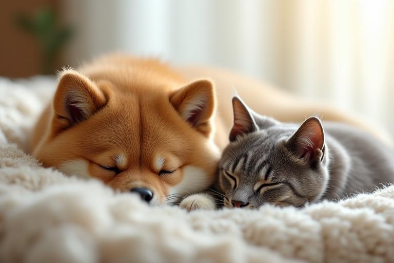 リラックスした犬と猫が並んで眠る様子。Wagashi Pet Suitesの安心感を表現した一枚。