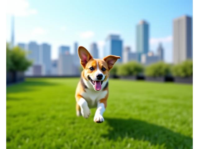 屋上庭園で遊ぶ犬