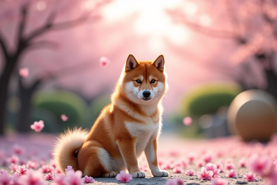 桜を背景に穏やかな表情の柴犬。和菓子ペットスイートの哲学を表す
