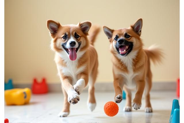 広々としたドッグデイケア施設で遊ぶ犬たち